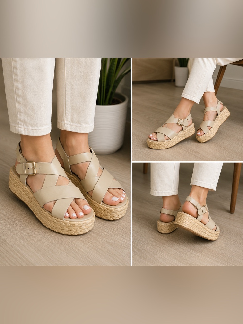 Zara Beige Crisscross Platform Espadrille Sandals